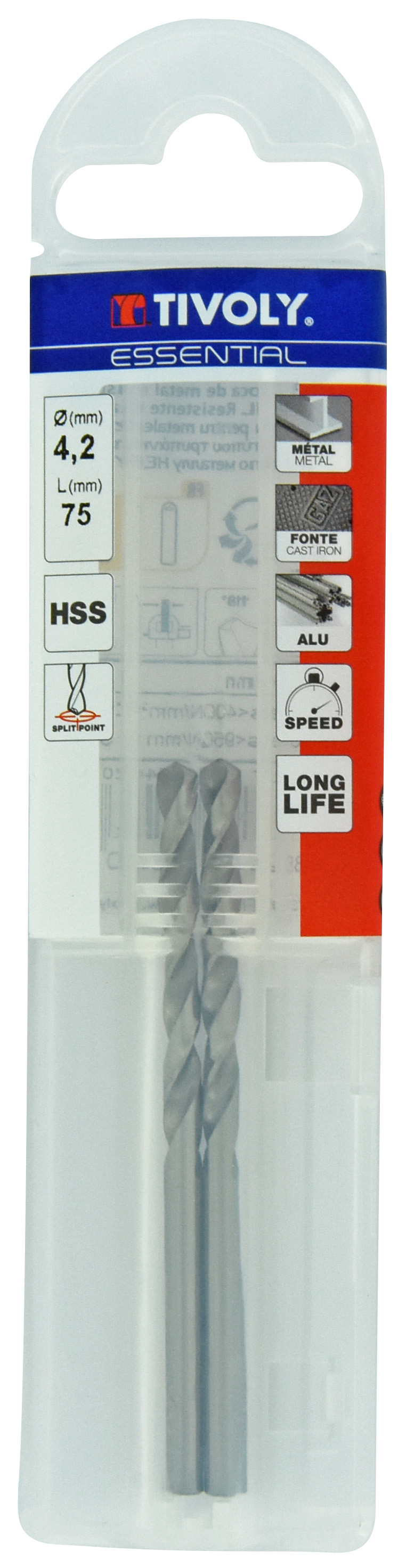 Foret métaux taillé meulé HSS -DIN338 -h8 -Pointe en croix Ø: 4.2 L: 75 TIVOLY - 11437740420