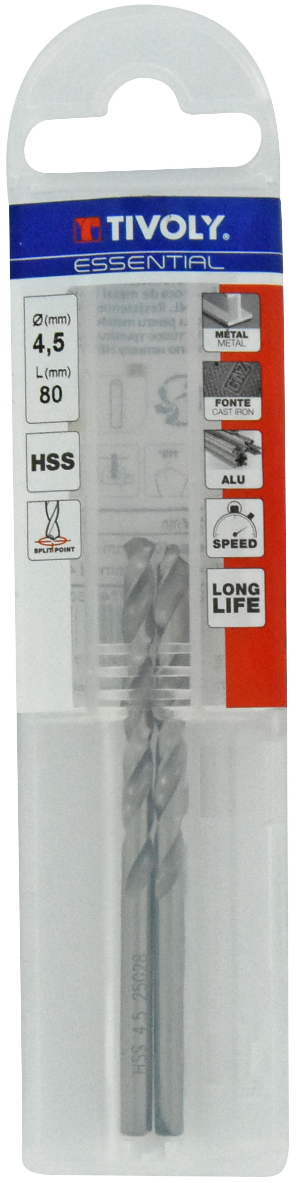 Foret métaux taillé meulé HSS -DIN338 -h8 -Pointe en croix Ø: 4.5 L: 80 TIVOLY - 11437740450