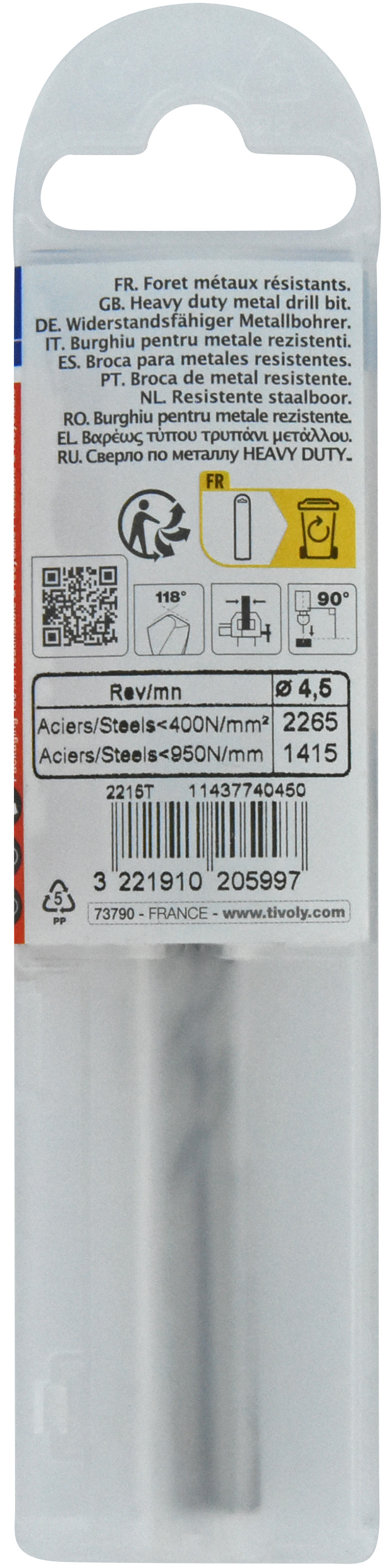 Foret métaux taillé meulé HSS -DIN338 -h8 -Pointe en croix Ø: 4.5 L: 80 TIVOLY - 11437740450