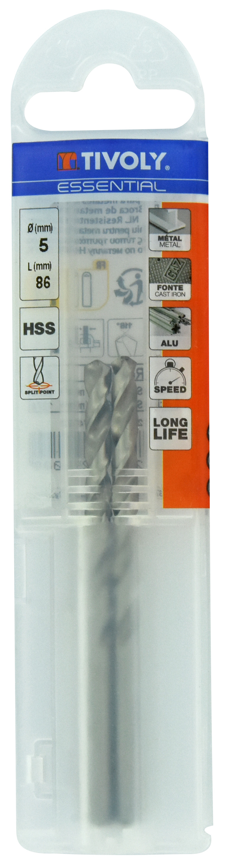 Foret métaux taillé meulé HSS -DIN338 -h8 -Pointe en croix Ø: 5 L: 86 TIVOLY - 11437740500