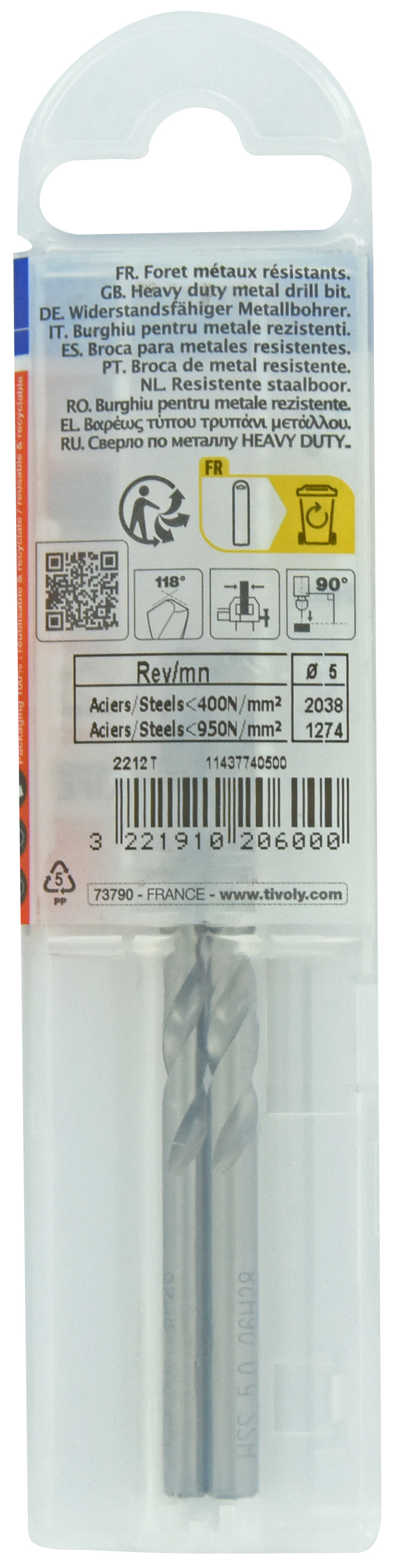 Foret métaux taillé meulé HSS -DIN338 -h8 -Pointe en croix Ø: 5 L: 86 TIVOLY - 11437740500