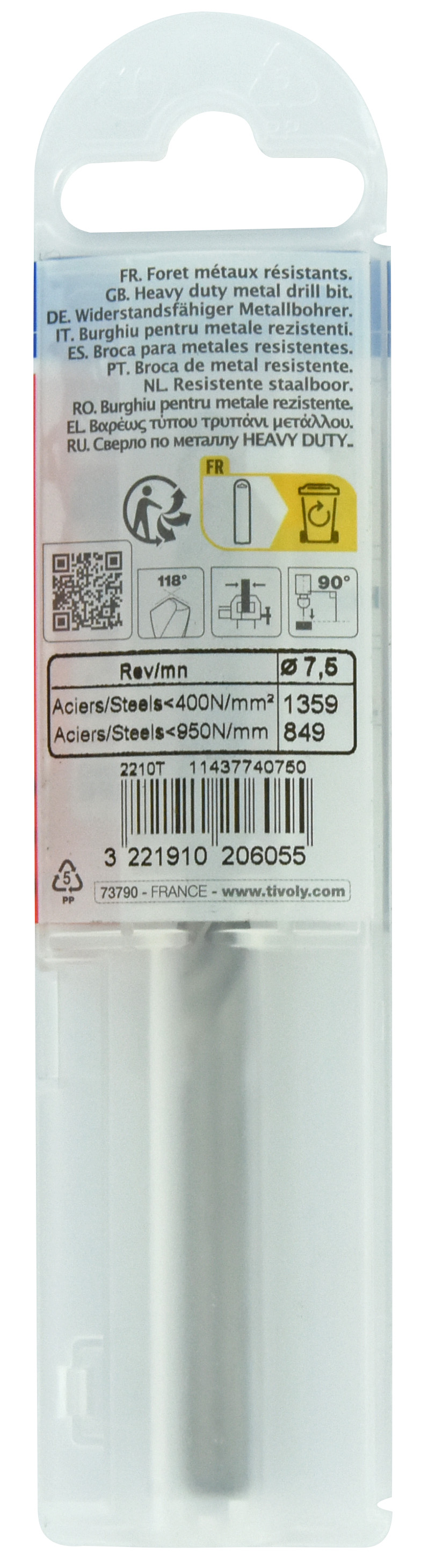Foret métaux taillé meulé HSS -DIN338 -h8 -Pointe en croix Ø: 7.5 L: 109 TIVOLY - 11437740750