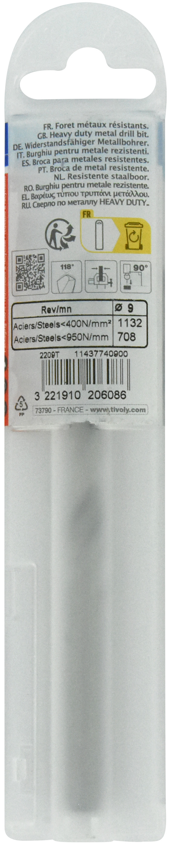 Foret métaux taillé meulé HSS -DIN338 -h8 -Pointe en croix Ø: 9 L: 125 TIVOLY - 11437740900