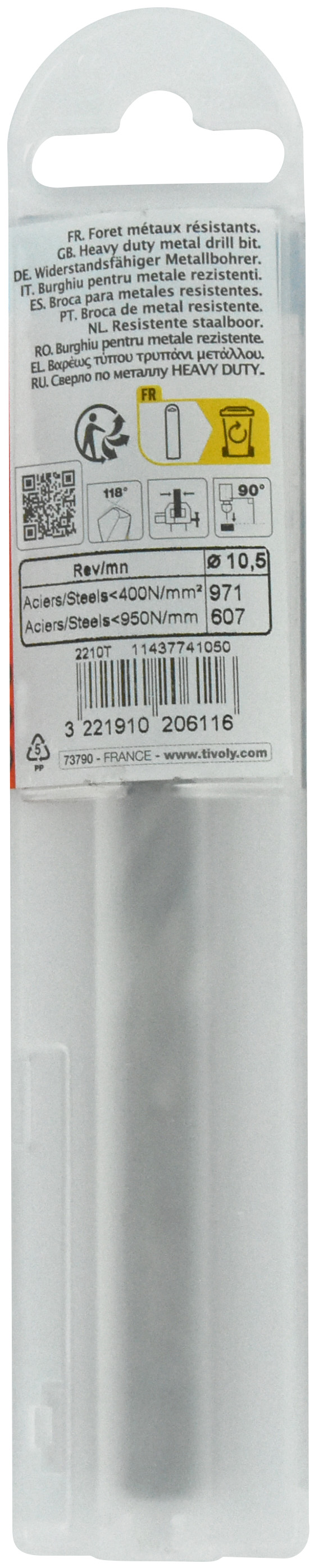 Foret métaux taillé meulé HSS -DIN338 -h8 -Pointe en croix Ø: 10.5 L: 133 TIVOLY - 11437741050