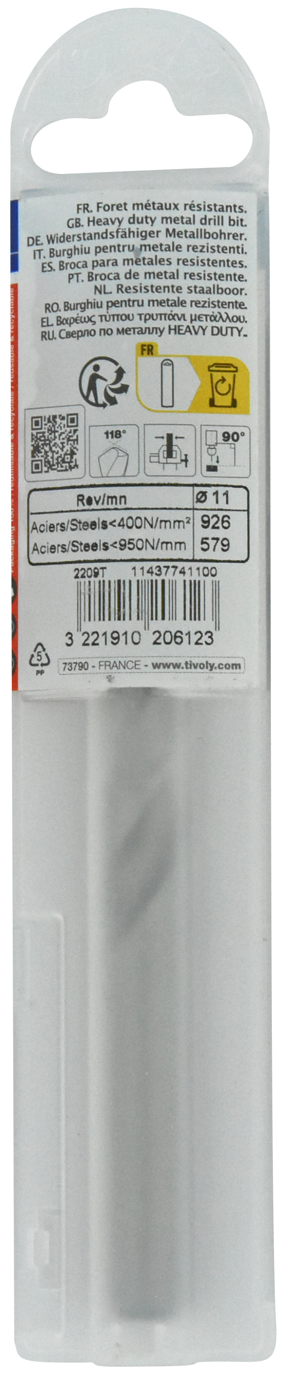 Foret métaux taillé meulé HSS -DIN338 -h8 -Pointe en croix Ø: 11 L: 142 TIVOLY - 11437741100