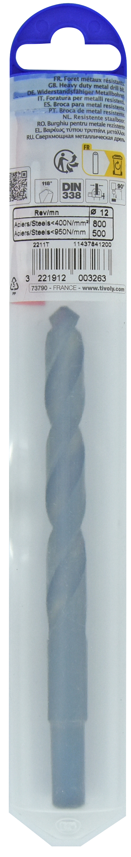 Foret métaux T taillé meulé HSS -DIN338 -h8 -Pointe en croix -Queue réduite Ø: 12 L: 151 TIVOLY - 11437841200