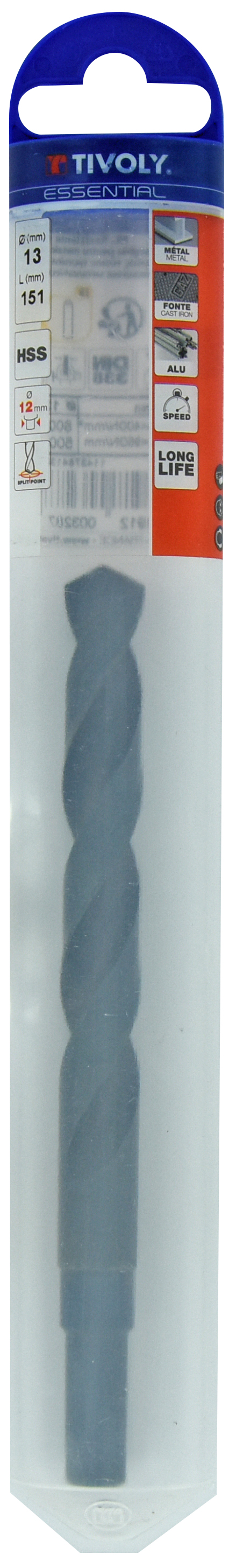 Foret métaux T taillé meulé HSS -DIN338 -h8 -Pointe en croix -Queue réduite Ø: 13 L: 151 TIVOLY - 11437841300