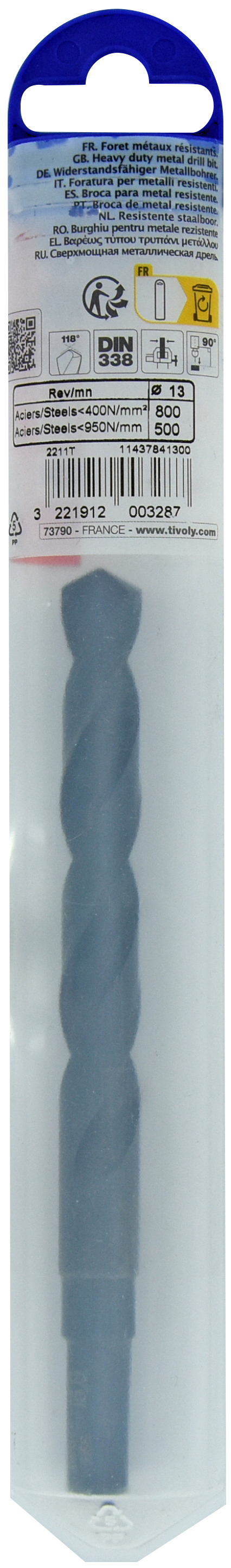 Foret métaux T taillé meulé HSS -DIN338 -h8 -Pointe en croix -Queue réduite Ø: 13 L: 151 TIVOLY - 11437841300