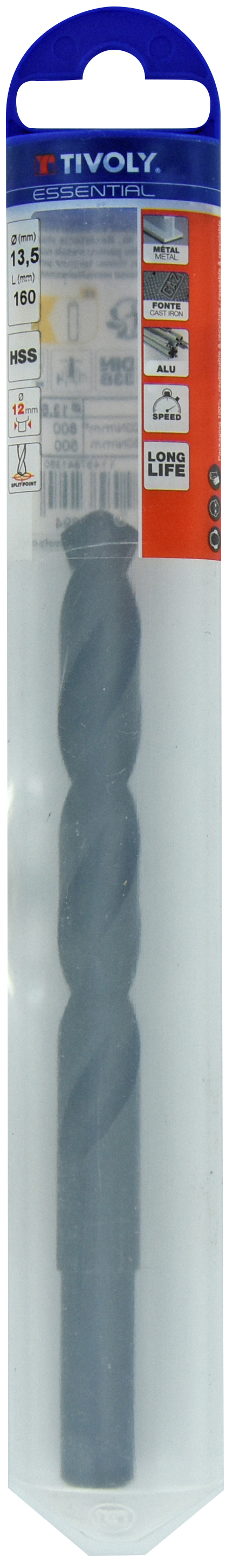 Foret métaux T taillé meulé HSS -DIN338 -h8 -Pointe en croix -Queue réduite Ø: 13.5 L: 160 TIVOLY - 11437841350