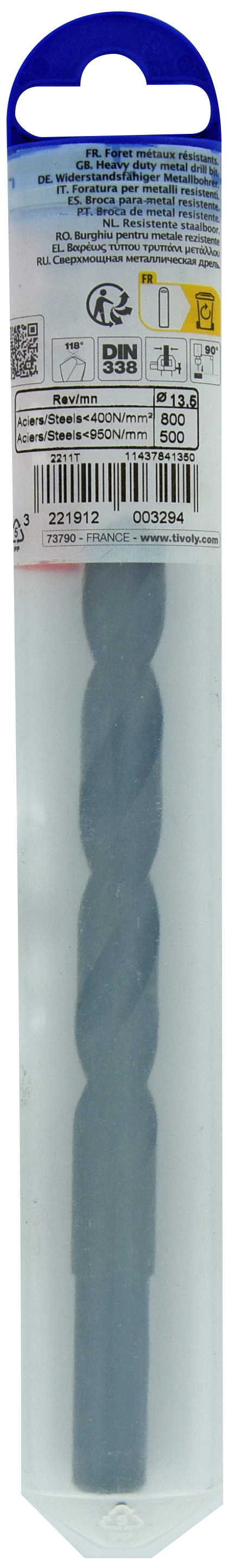 Foret métaux T taillé meulé HSS -DIN338 -h8 -Pointe en croix -Queue réduite Ø: 13.5 L: 160 TIVOLY - 11437841350