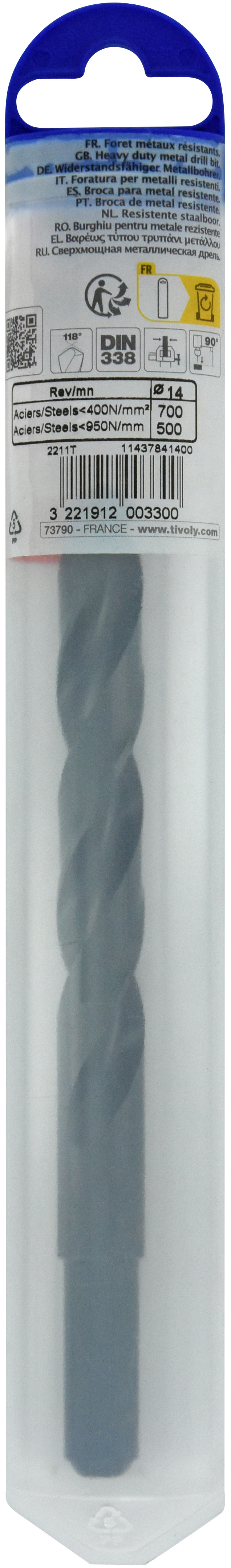 Foret métaux T taillé meulé HSS -DIN338 -h8 -Pointe en croix -Queue réduite Ø: 14 L: 160 TIVOLY - 11437841400