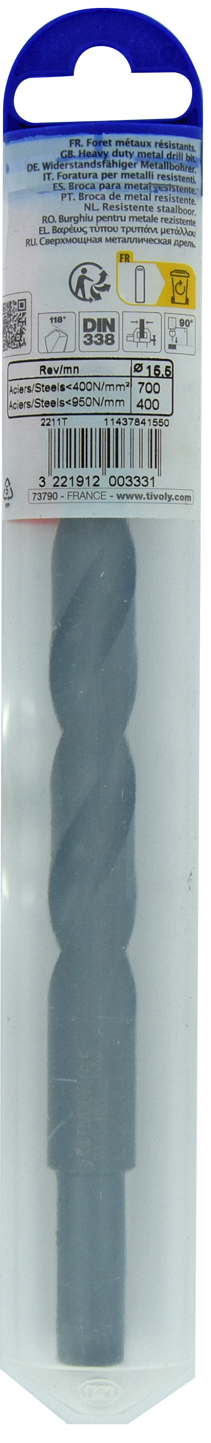 Foret métaux T taillé meulé HSS -DIN338 -h8 -Pointe en croix -Queue réduite Ø: 15.5 L: 178 TIVOLY - 11437841550