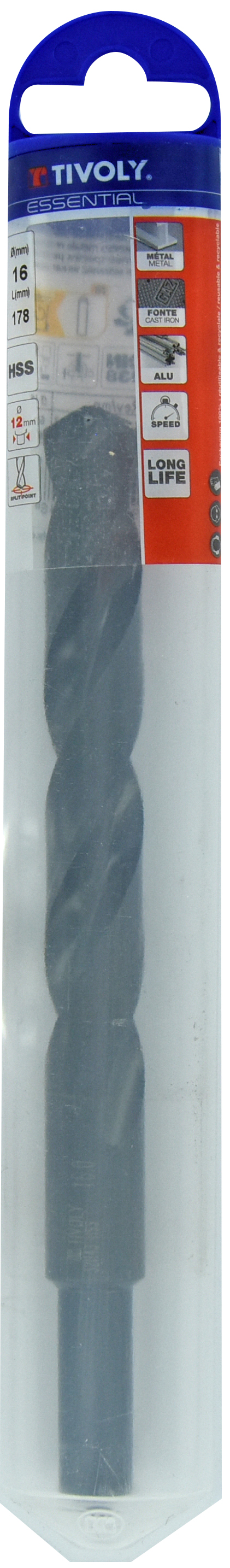 Foret métaux T taillé meulé HSS -DIN338 -h8 -Pointe en croix -Queue réduite Ø: 16 L: 178 TIVOLY - 11437841600