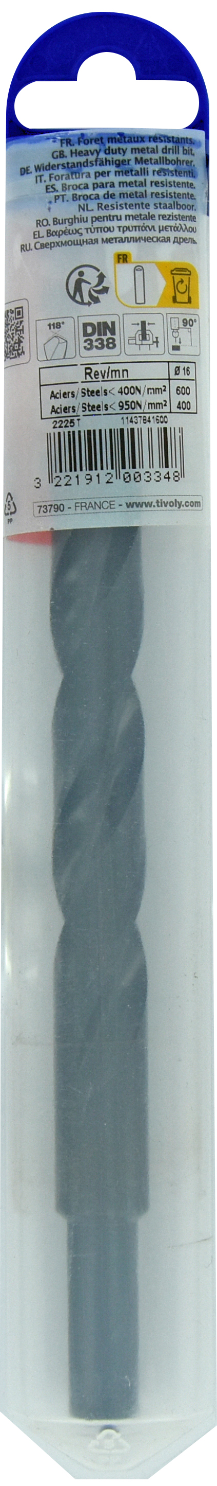 Foret métaux T taillé meulé HSS -DIN338 -h8 -Pointe en croix -Queue réduite Ø: 16 L: 178 TIVOLY - 11437841600