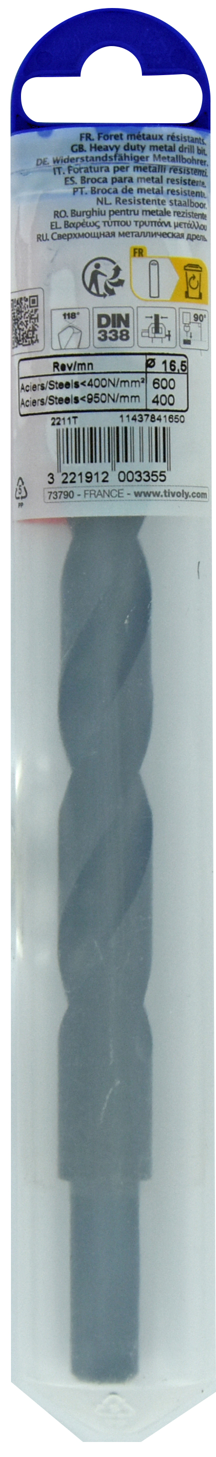 Foret métaux T taillé meulé HSS -DIN338 -h8 -Pointe en croix -Queue réduite Ø: 16.5 L: 184 TIVOLY - 11437841650