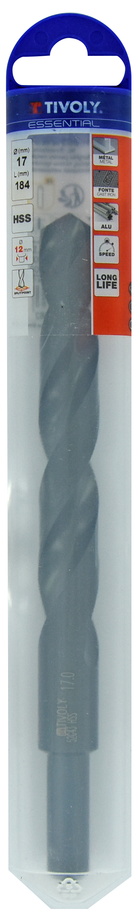 Foret métaux T taillé meulé HSS -DIN338 -h8 -Pointe en croix -Queue réduite Ø: 17 L: 184 TIVOLY - 11437841700