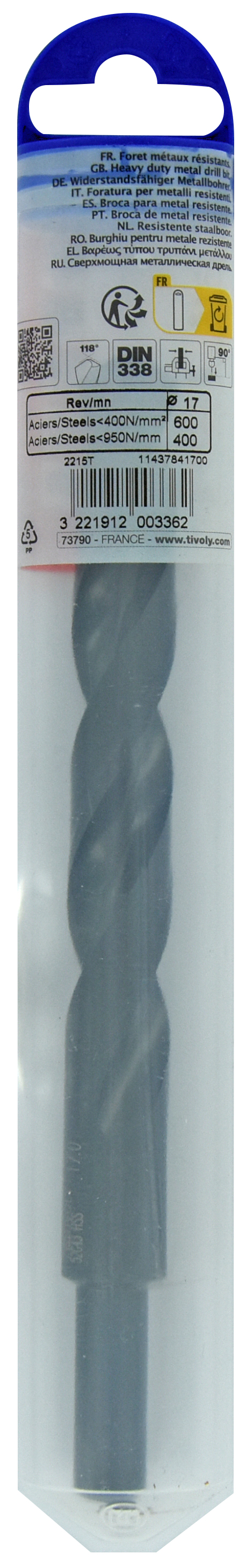 Foret métaux T taillé meulé HSS -DIN338 -h8 -Pointe en croix -Queue réduite Ø: 17 L: 184 TIVOLY - 11437841700