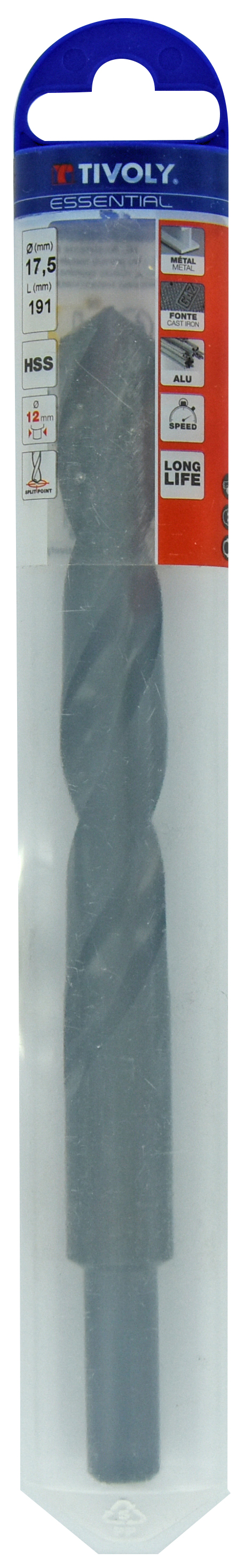 Foret métaux T taillé meulé HSS -DIN338 -h8 -Pointe en croix -Queue réduite Ø: 17.5 L: 191 TIVOLY - 11437841750
