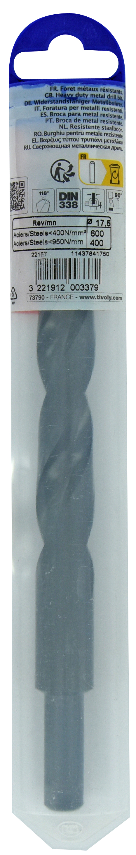 Foret métaux T taillé meulé HSS -DIN338 -h8 -Pointe en croix -Queue réduite Ø: 17.5 L: 191 TIVOLY - 11437841750