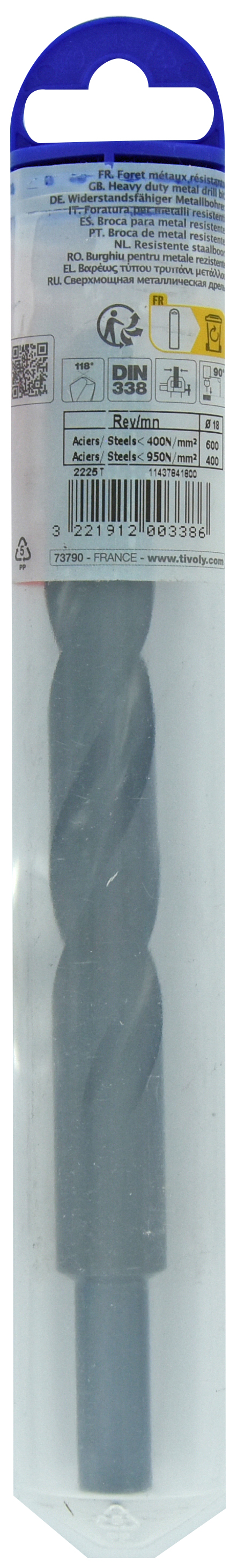 Foret métaux T taillé meulé HSS -DIN338 -h8 -Pointe en croix -Queue réduite Ø: 18 L: 191 TIVOLY - 11437841800