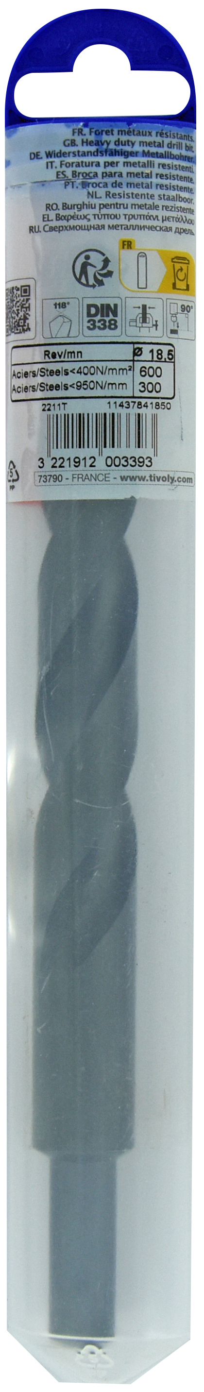 Foret métaux T taillé meulé HSS -DIN338 -h8 -Pointe en croix -Queue réduite Ø: 18.5 L: 198 TIVOLY - 11437841850