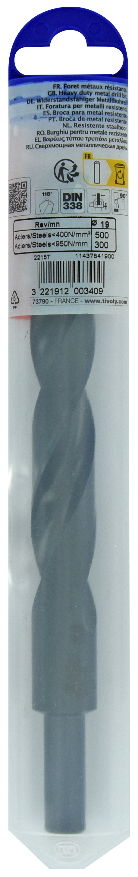 Foret métaux T taillé meulé HSS -DIN338 -h8 -Pointe en croix -Queue réduite Ø: 19 L: 198 TIVOLY - 11437841900