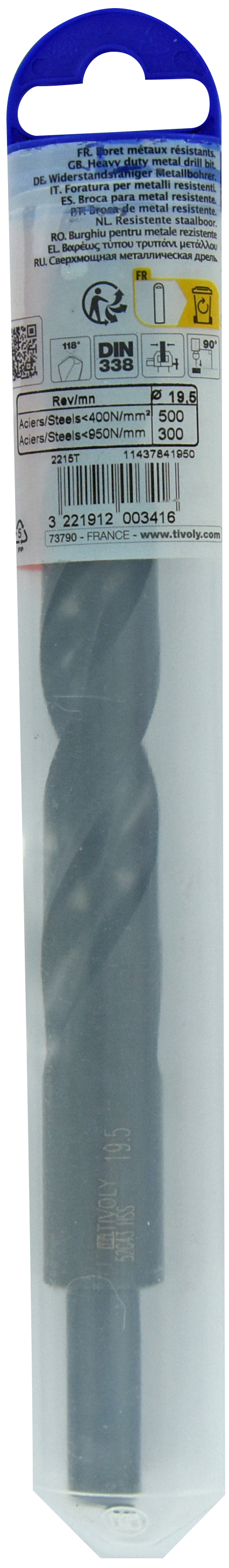 Foret métaux T taillé meulé HSS -DIN338 -h8 -Pointe en croix -Queue réduite Ø: 19.5 L: 205 TIVOLY - 11437841950