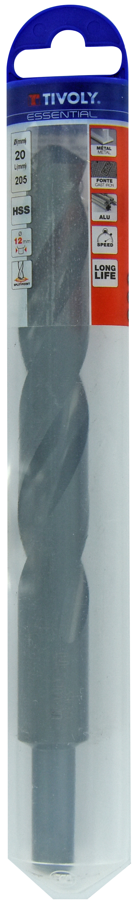 Foret métaux T taillé meulé HSS -DIN338 -h8 -Pointe en croix -Queue réduite Ø: 20 L: 205 TIVOLY - 11437842000