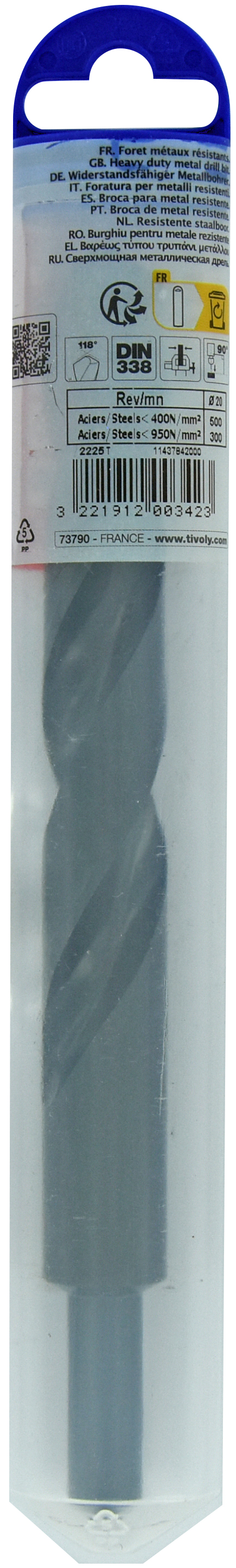 Foret métaux T taillé meulé HSS -DIN338 -h8 -Pointe en croix -Queue réduite Ø: 20 L: 205 TIVOLY - 11437842000