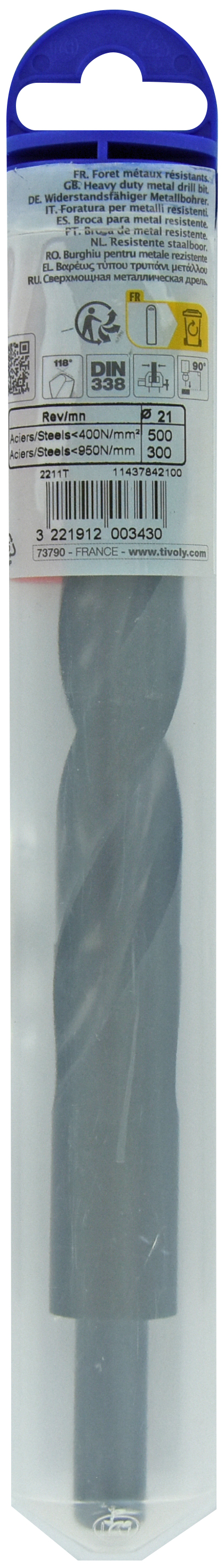 Foret métaux T taillé meulé HSS -DIN338 -h8 -Pointe en croix -Queue réduite Ø: 21 L: 205 TIVOLY - 11437842100