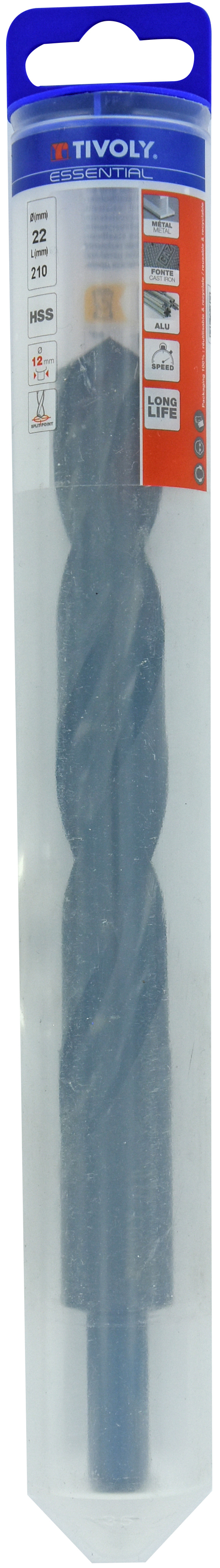 Foret métaux T taillé meulé HSS -DIN338 -h8 -Pointe en croix -Queue réduite Ø: 22 L: 210 TIVOLY - 11437842200