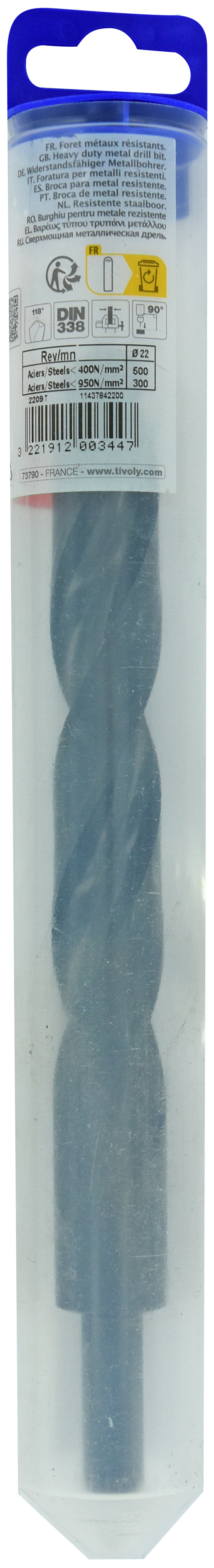 Foret métaux T taillé meulé HSS -DIN338 -h8 -Pointe en croix -Queue réduite Ø: 22 L: 210 TIVOLY - 11437842200