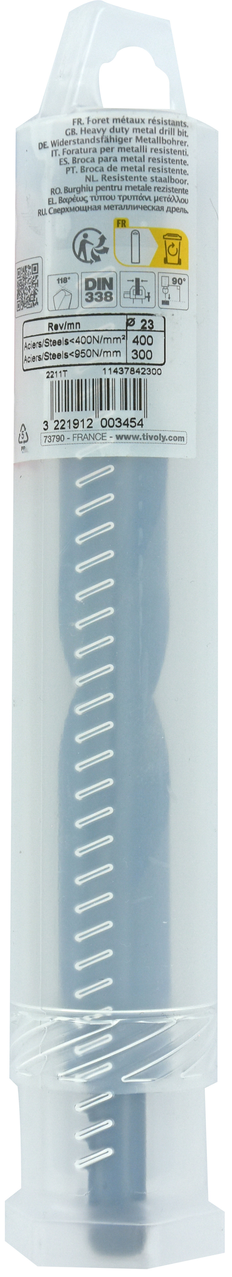 Foret métaux T taillé meulé HSS -DIN338 -h8 -Pointe en croix -Queue réduite Ø: 23 L: 210 TIVOLY - 11437842300