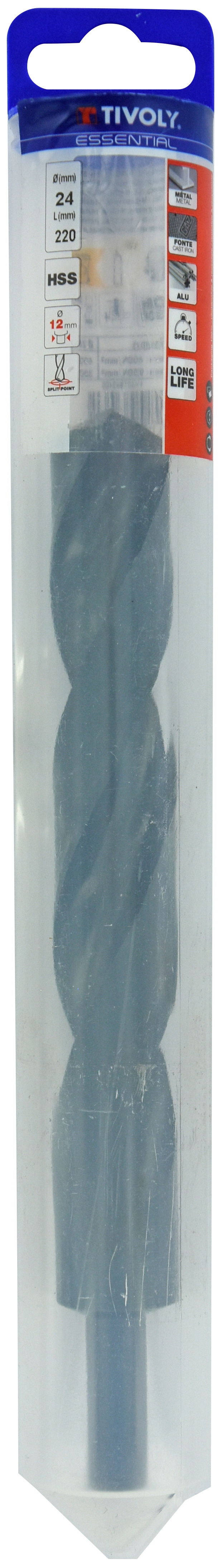 Foret métaux T taillé meulé HSS -DIN338 -h8 -Pointe en croix -Queue réduite Ø: 24 L: 220 TIVOLY - 11437842400