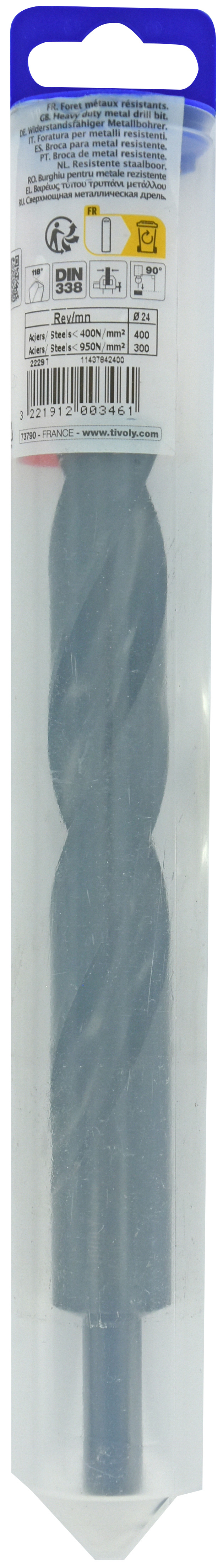 Foret métaux T taillé meulé HSS -DIN338 -h8 -Pointe en croix -Queue réduite Ø: 24 L: 220 TIVOLY - 11437842400