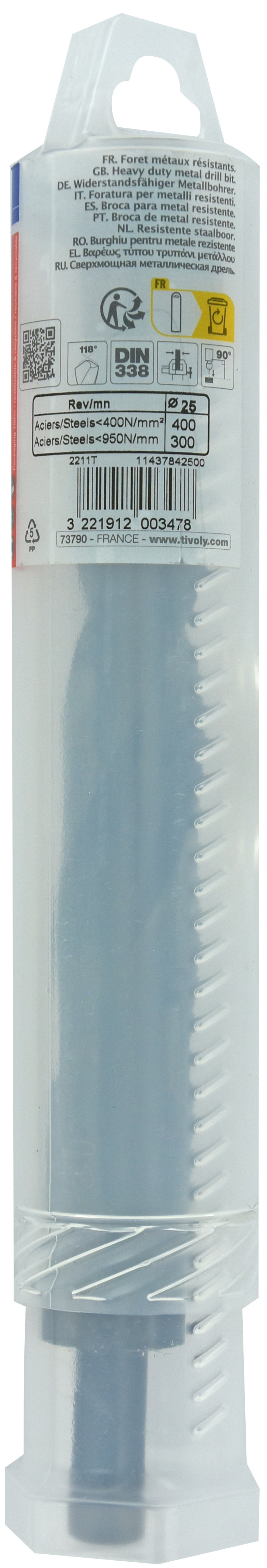 Foret métaux T taillé meulé HSS -DIN338 -h8 -Pointe en croix -Queue réduite Ø: 25 L: 220 TIVOLY - 11437842500