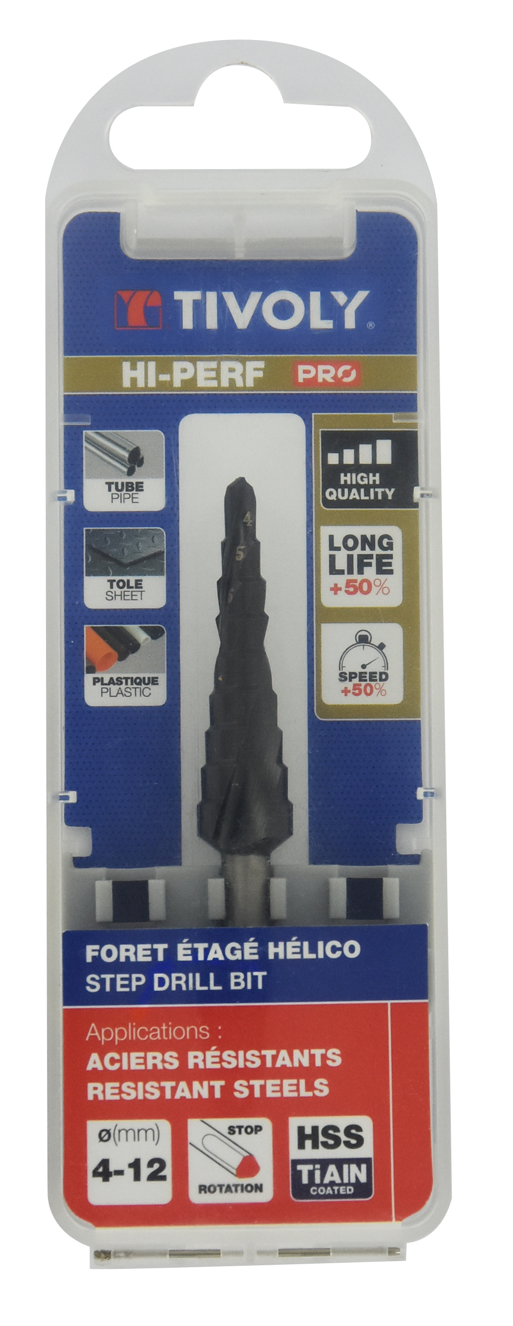 Foret conique étagé HSS -Revêtu TiAlN -TivolyNorm -Hélicoïdal -Pointe en croix -Queue à 3 méplats / ØMin/Max : 4/12 TIVOLY - 11438720412