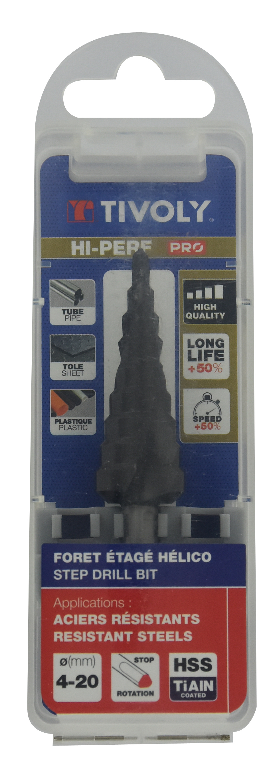 Foret conique étagé HSS -Revêtu TiAlN -TivolyNorm -Hélicoïdal -Pointe en croix -Queue à 3 méplats / ØMin/Max : 4/20 TIVOLY - 11438720420