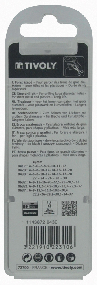 Foret conique étagé HSS -Revêtu TiAlN -TivolyNorm -Hélicoïdal -Pointe en croix -Queue à 3 méplats / ØMin/Max : 4/20 TIVOLY - 11438720420