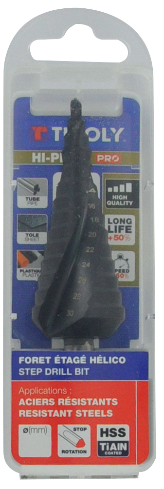 Foret conique étagé HSS -Revêtu TiAlN -Hélicoïdal -Pointe en croix -Queue à 3 méplats 1-PREMIUM**** / ØMin/Max : 4 à 30 TIVOLY - 11438720430