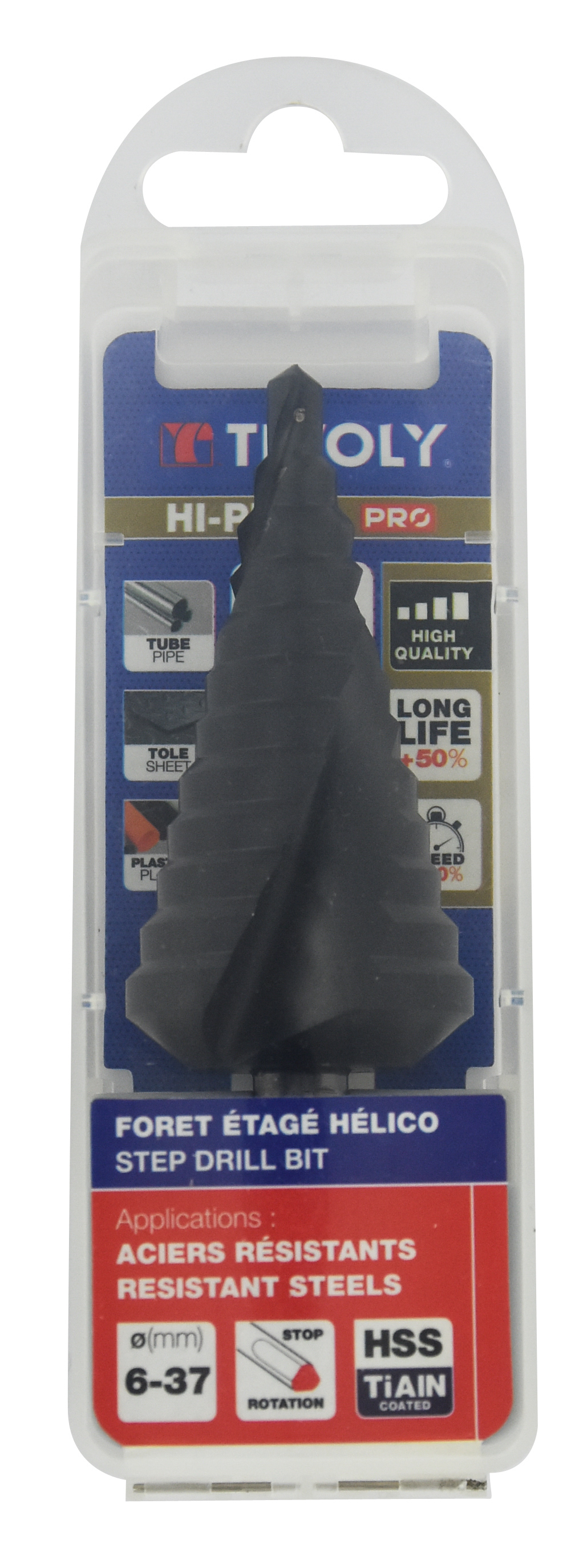 Foret conique étagé HSS -Revêtu TiAlN -TivolyNorm -Hélicoïdal -Pointe en croix -Queue à 3 méplats / ØMin/Max : 6/37 TIVOLY - 11438720637