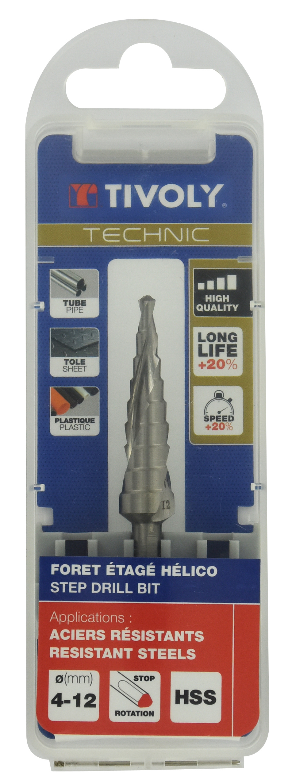Foret conique étagé HSS -TivolyNorm -Hélicoïdal -Pointe en croix -Queue à 3 méplats / ØMin/Max : 4/12 TIVOLY - 11448520412