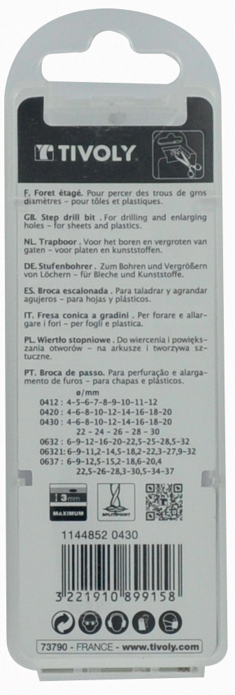 Foret conique étagé HSS -TivolyNorm -Hélicoïdal -Pointe en croix -Queue à 3 méplats / ØMin/Max : 4/12 TIVOLY - 11448520412
