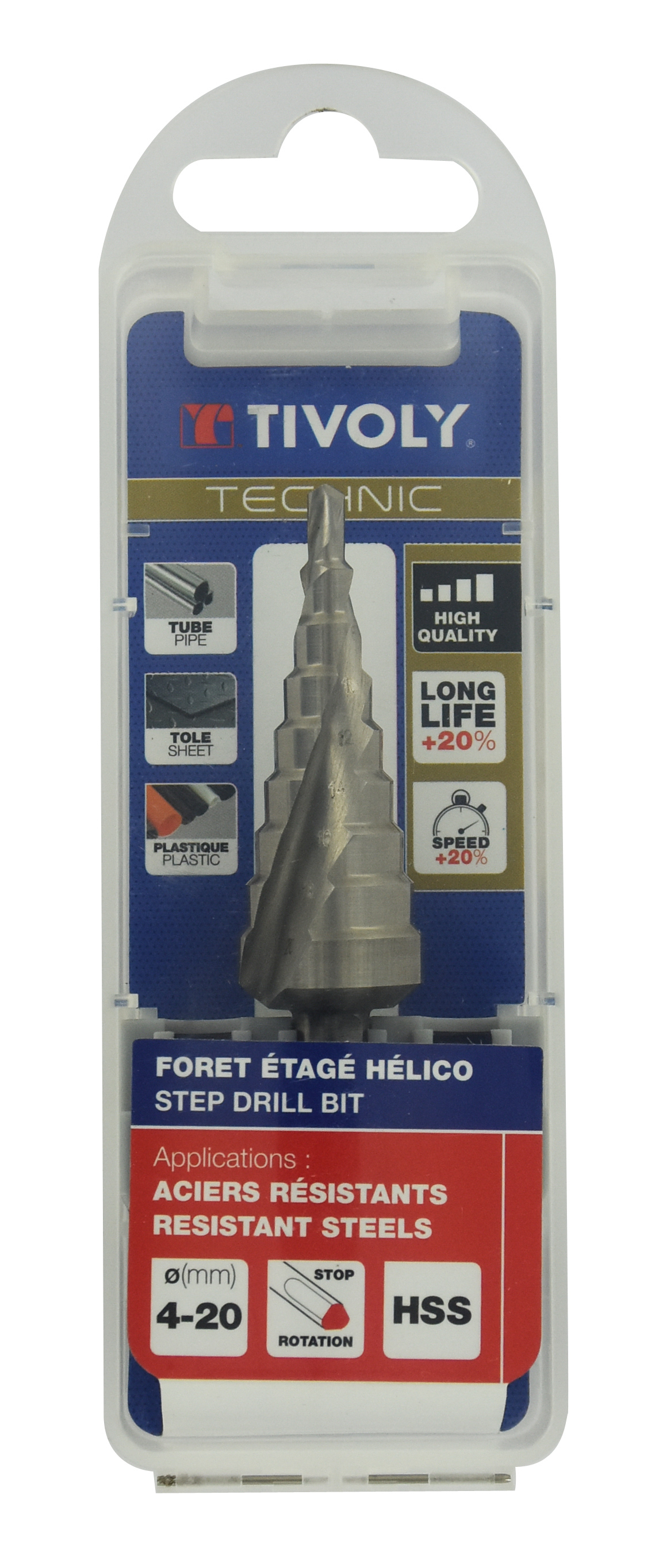 Foret conique étagé HSS -TivolyNorm -Hélicoïdal -Pointe en croix -Queue à 3 méplats / ØMin/Max : 4/20 TIVOLY - 11448520420
