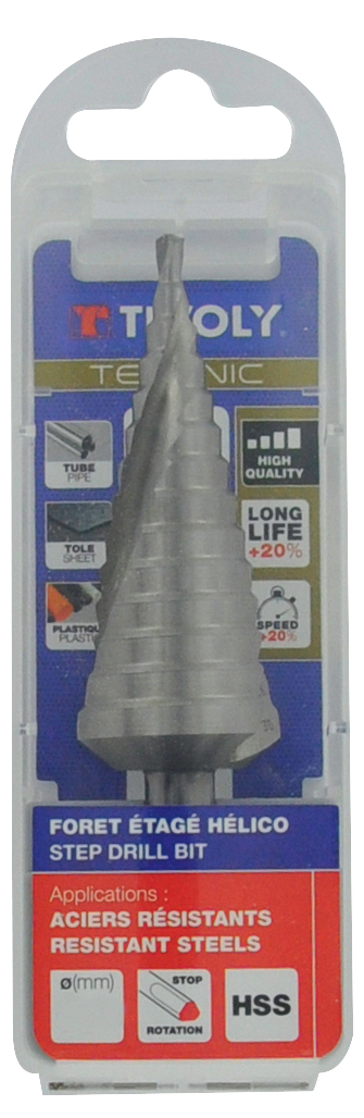 Foret conique étagé HSS -TivolyNorm -Hélicoïdal -Pointe en croix -Queue à 3 méplats / ØMin/Max : 4/30 TIVOLY - 11448520430