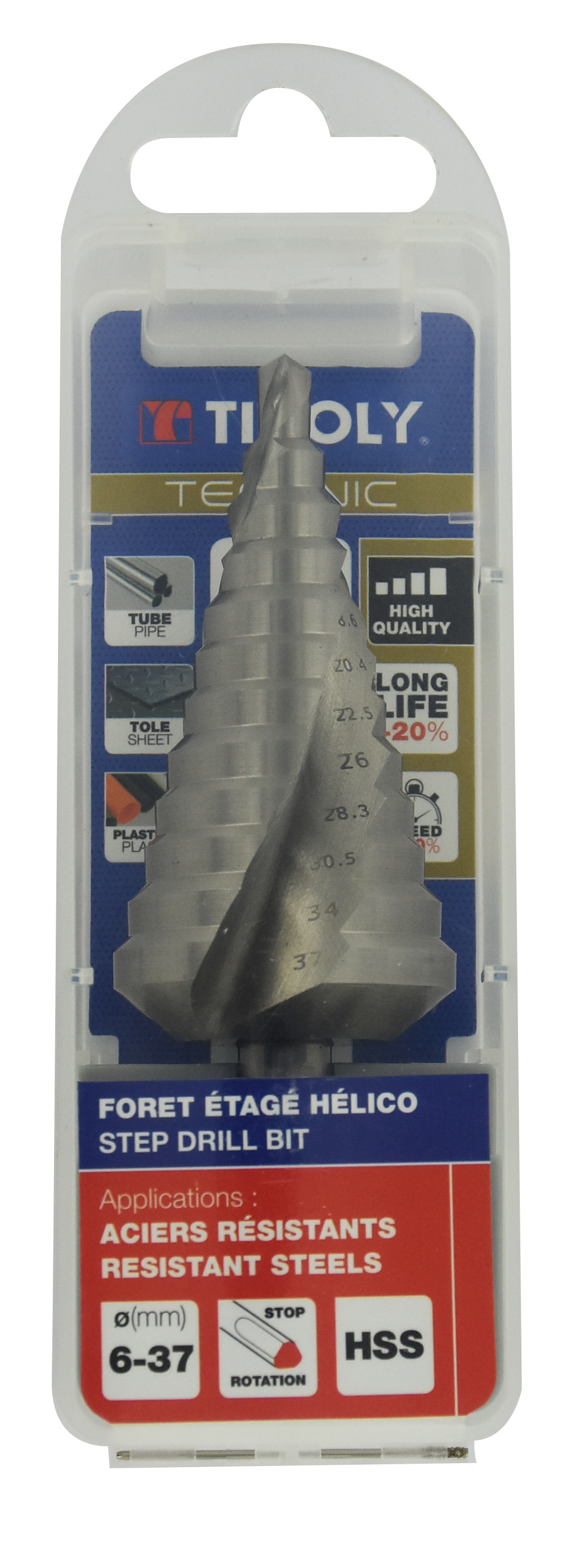 Foret conique étagé HSS -TivolyNorm -Hélicoïdal -Pointe en croix -Queue à 3 méplats / ØMin/Max : 6/37 TIVOLY - 11448520637