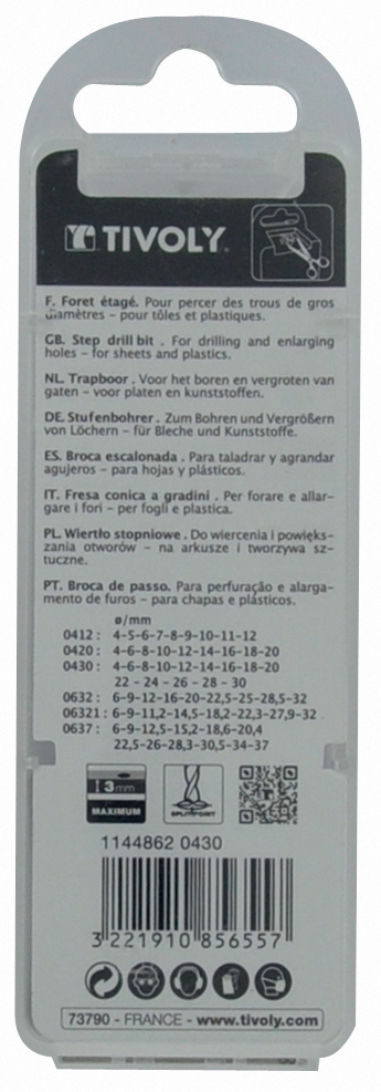 Foret conique étagé HSS -TivolyNorm -Goujures droites / ØMin/Max : 4/20 TIVOLY - 11448620420