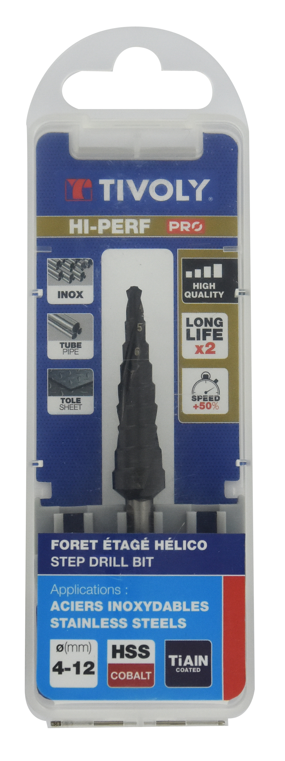Foret conique étagé HSS-E5 -Revêtu TiAlN -TivolyNorm -Hélicoïdal -Pointe en croix -Queue à 3 méplats / ØMin/Max : 4/12 TIVOLY - 11448720412