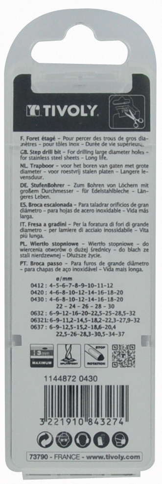 Foret conique étagé HSS-E5 -Revêtu TiAlN -TivolyNorm -Hélicoïdal -Pointe en croix -Queue à 3 méplats / ØMin/Max : 4/12 TIVOLY - 11448720412