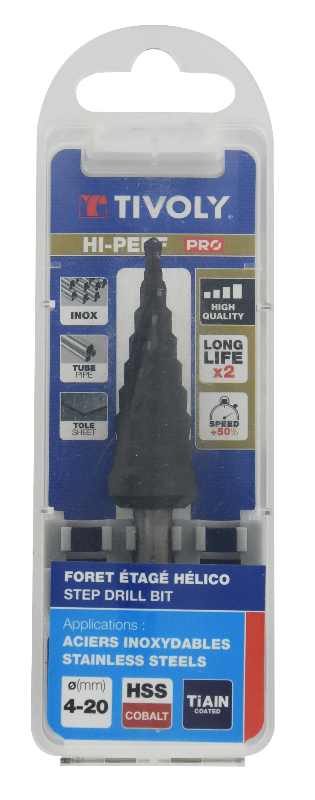 Foret conique étagé HSS-E5 -Revêtu TiAlN -TivolyNorm -Hélicoïdal -Pointe en croix -Queue à 3 méplats / ØMin/Max : 4/20 TIVOLY - 11448720420
